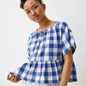 NWT Loose plaid bow ruffle blouse Patterned Blue & White 100% cotton